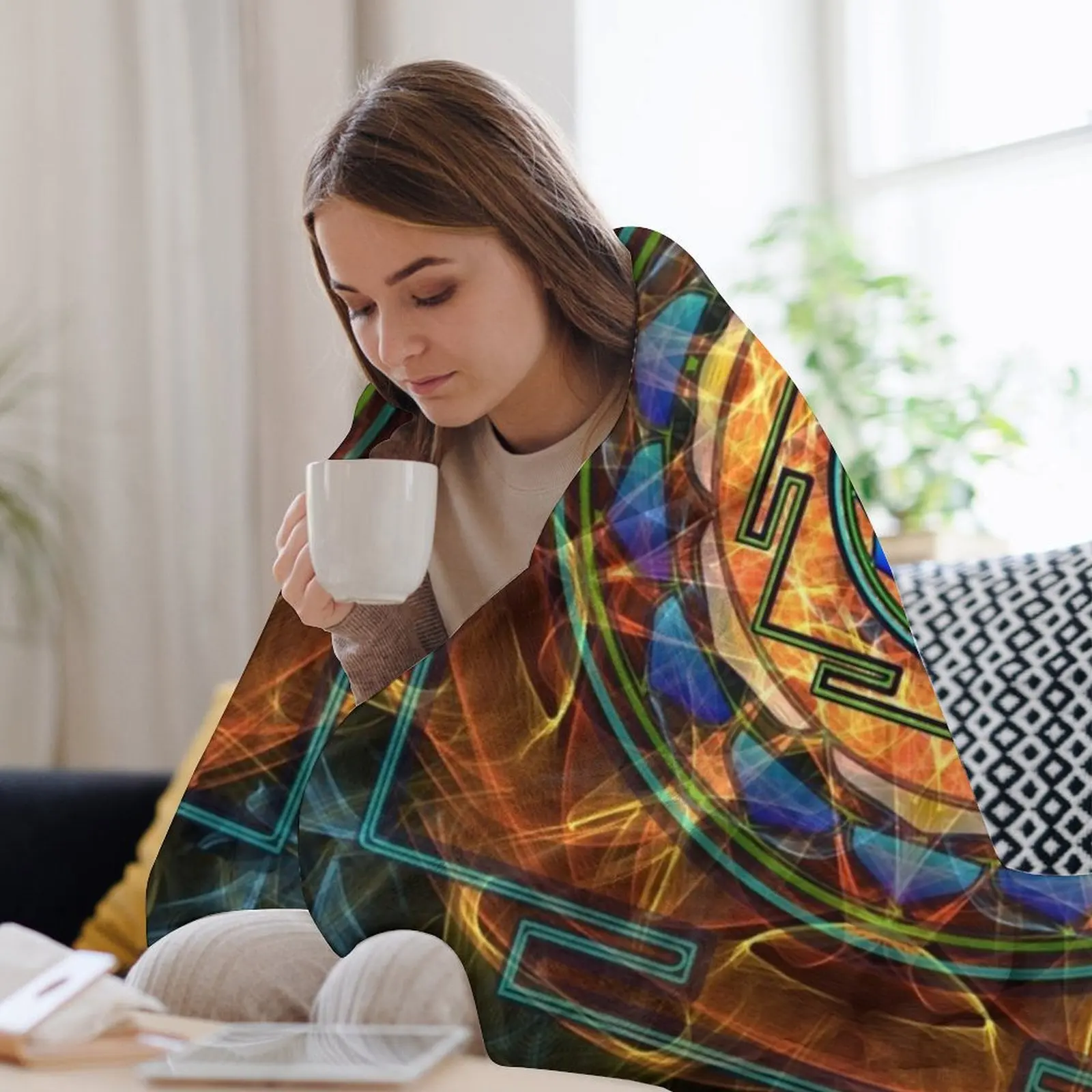 Шри Янтра - одеяло с сакральной геометрией теплое зимнее тяжелое для сна меховые