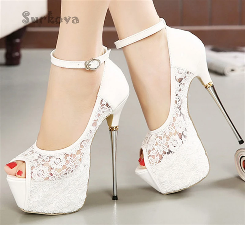 

Sexy Lace Thin Heel Sandals Fashion Metal Heel Peep Toe Women's Shoes Platform Metal Buckle Ankle Strap Pumps New Wedding Shoes