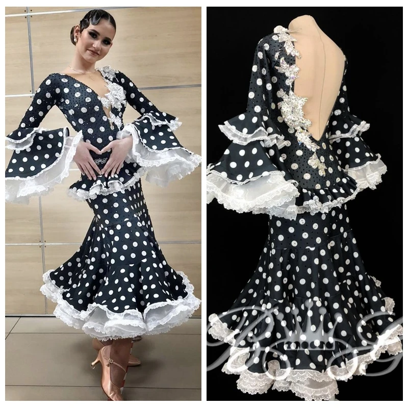 

GOODANPAR Modern Waltz Tango Ballroom Dance Dress,Smooth Ballroom Dress,Paso Competition Costume Flare Sleeve dots Print