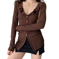 women clothing polyester trendy t shirts solid color ruffled v neck long sleeves button down slim fit tops for girls brown