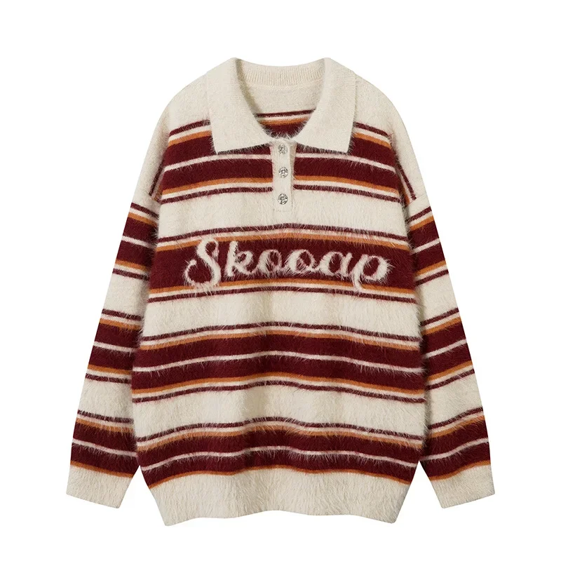 Винтажный шикарный полосатый свитер-поло в американском стиле с лацканами
