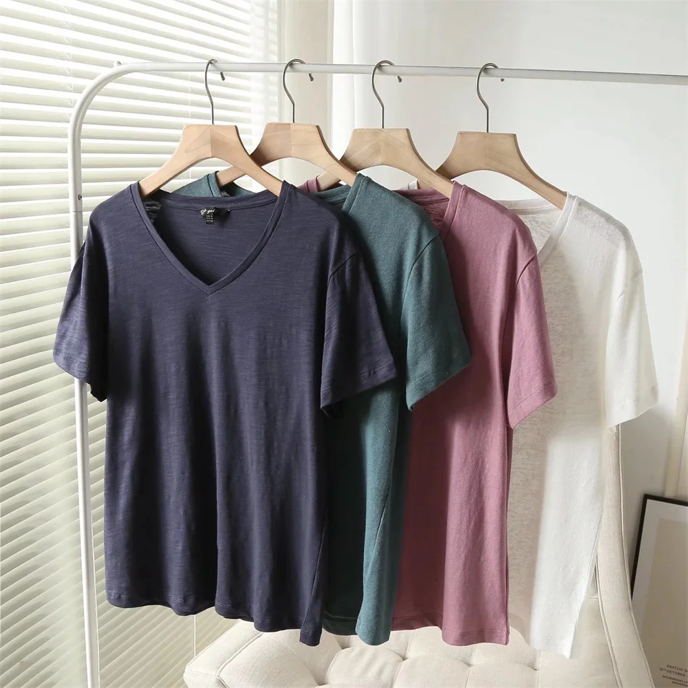 

PB & ZA2022 summer new women's clothing all-match solid color loose cotton blended linen V-neck casual comfortable T-shirt MD