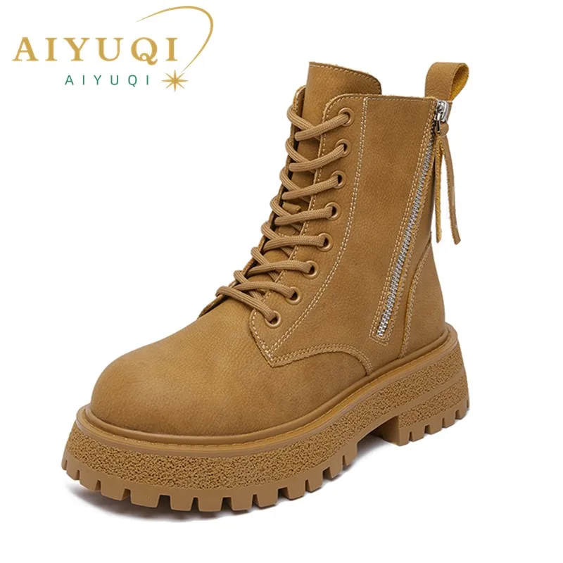 AIYUQI Ankle Boots Women Fur 2023 New Large Size British Style Boots Women Genuine Leather Platform Non Slip Booties Women