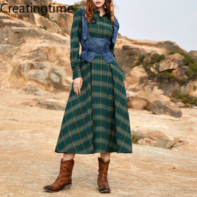 

Creatingtime 2022 Spring New Fashion Women Retro Lapel Single Breasted Plaid High Waist Dress and Denim Vest Two Piece GA674