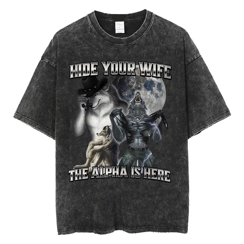 Vintage Washed Don't Ligma Be Sigma Funny Wolf Meme Tee Shirt Mens Clothing Harajuku Fashion Oversized T-shirt Unisex Streetwear