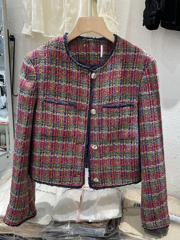 

Женский твидовый короткий пиджак European Station, однобортный красный твидовый пиджак с длинными рукавами и круглым вырезом в Корейском стиле, 2023