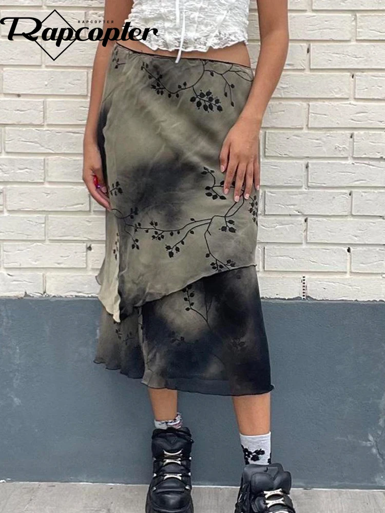 

Юбка-миди Rapcopter Y2K с цветочным принтом, асимметричная винтажная длинная юбка из Fairycore, Женская прямая Праздничная шикарная одежда из Кореи