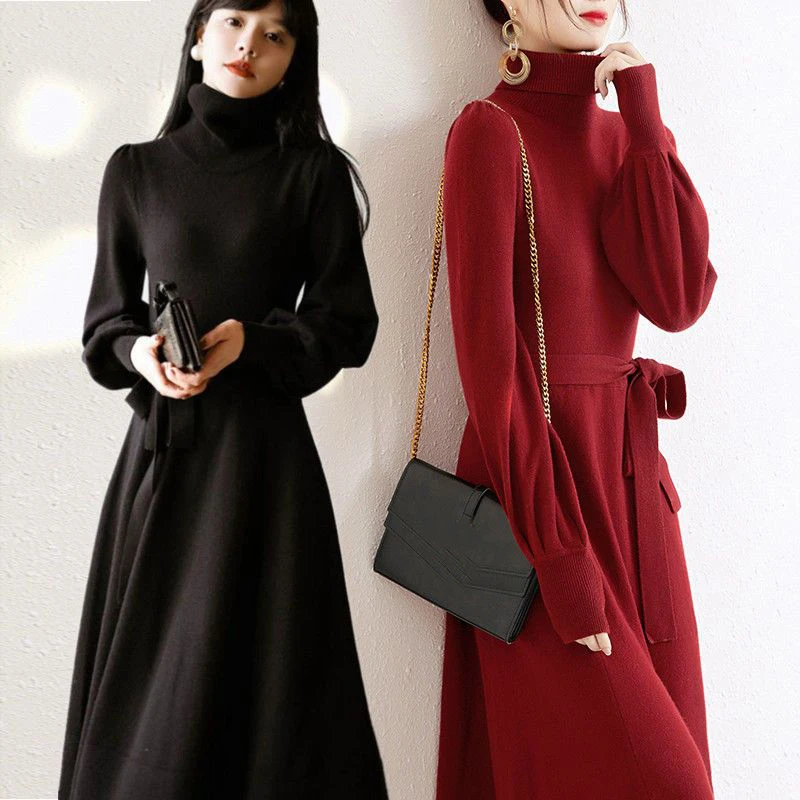 2023 High Neck Waist Lantern Sleeve Women Dresses Belt Slim Fashion Dresses Female Autumn Winter Casual Sweater Dresses
