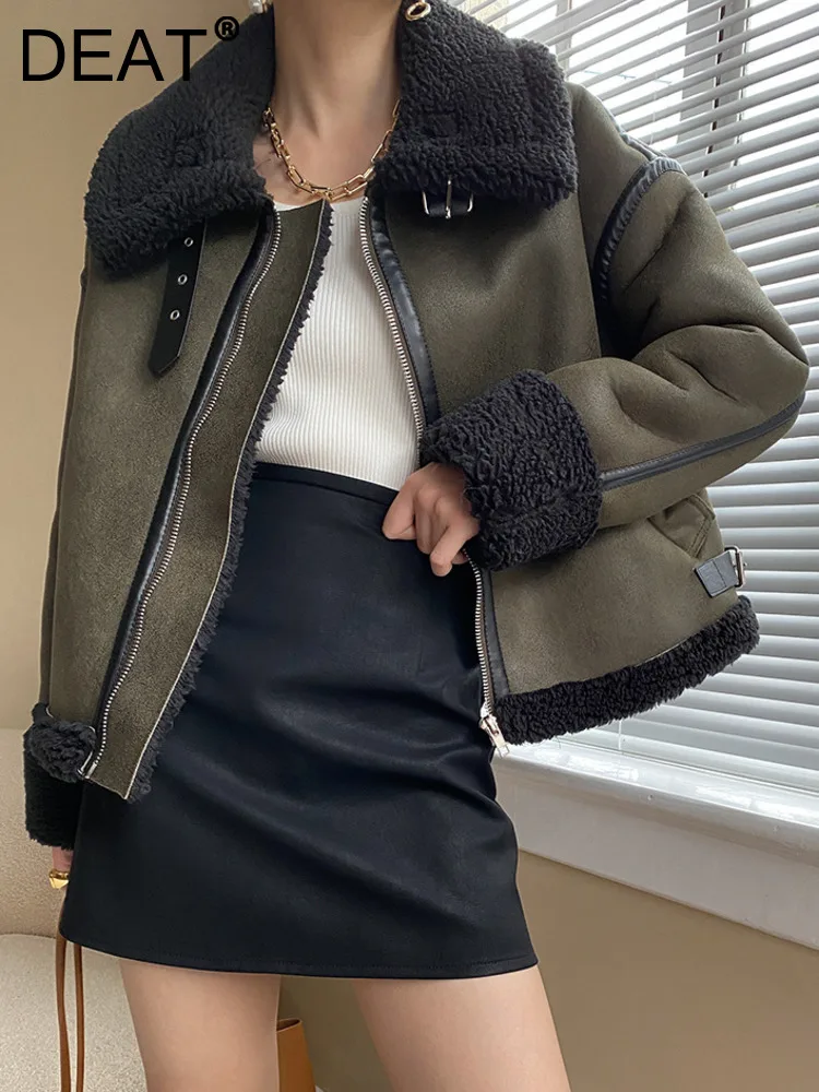 

DEAT Fashion Women'd Coat Big Lapel Loose Long Sleeve Zipper Sliced Warm Thick Lamb Wool Short Jackets Winter 2023 New 17A5540