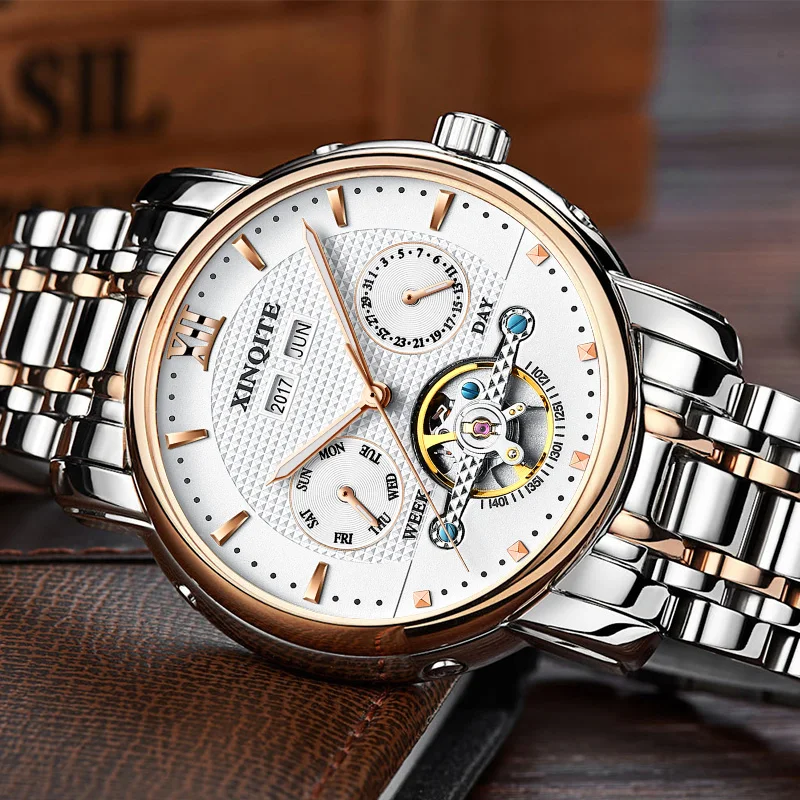 High Quality Muti-Functional Mechanical Tourbillon Automatic Mens Watch Silver Stainless Steel Luminous Casual Wristwatch