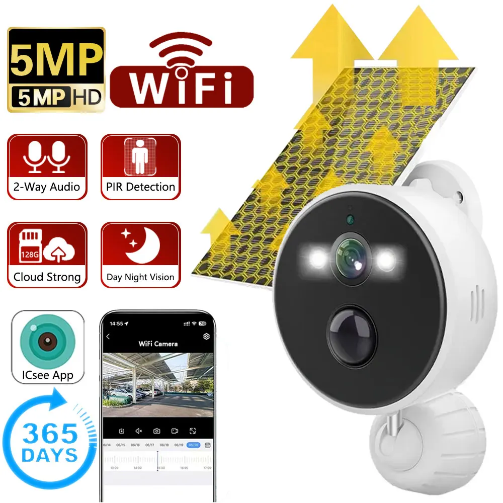 

Wifi Security Camera Outdoor Full HD 5MP Solar Camera Human Detection Wireless Surveillance 4000mAh Rechargeable Battery CCTV