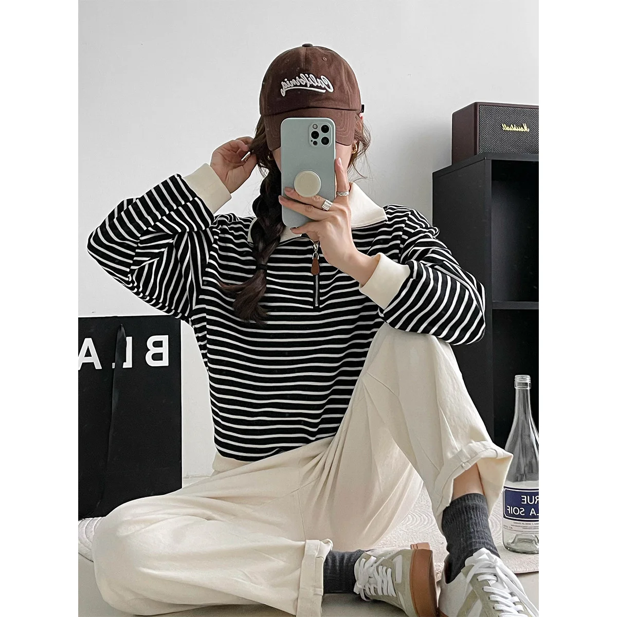 Женская толстовка-поло в полоску с длинным рукавом на молнии |