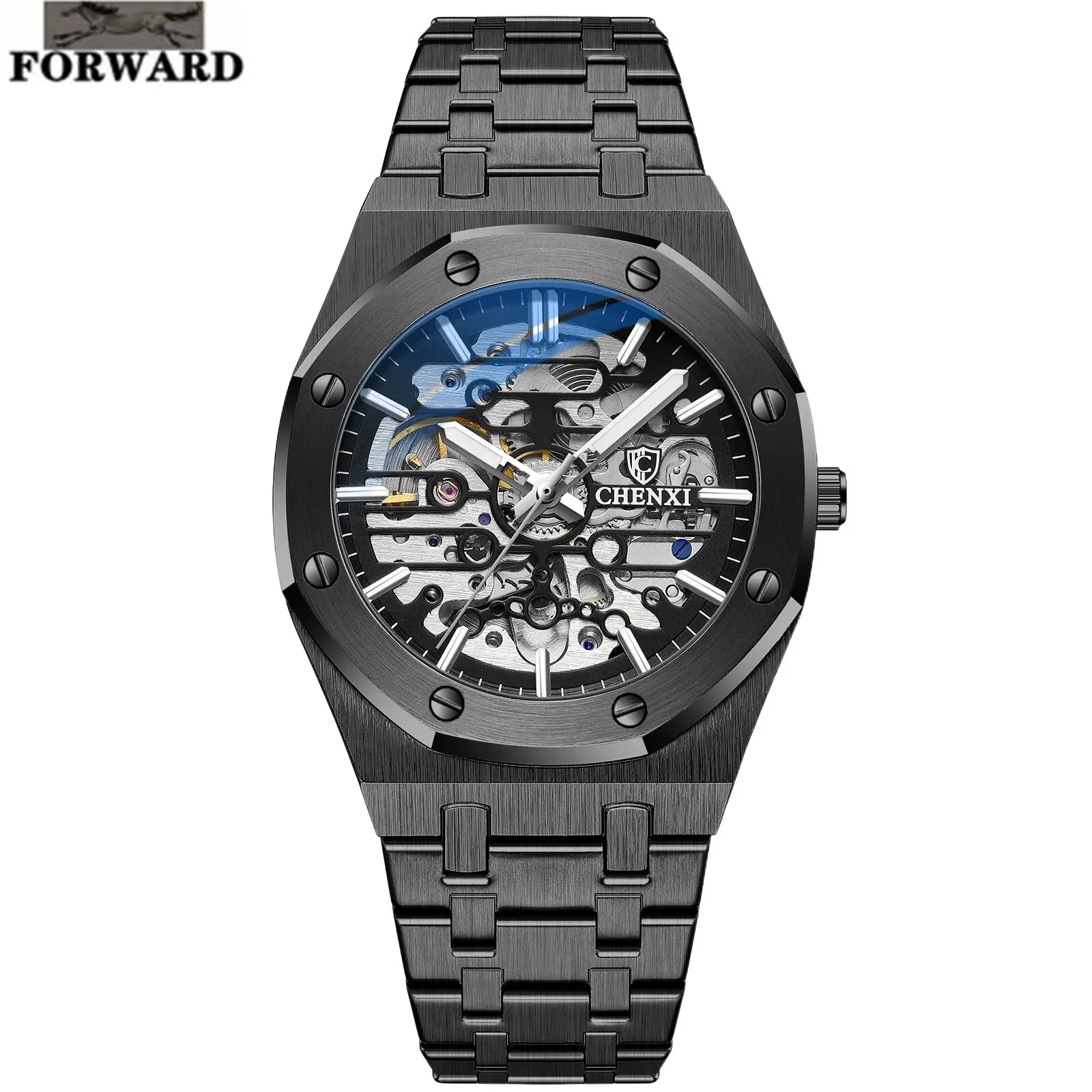 FORWARD Full-automatic mechanical hollow-out alloy octagonal Man watch  Steel chain luminous waterproof luxury religion masculin