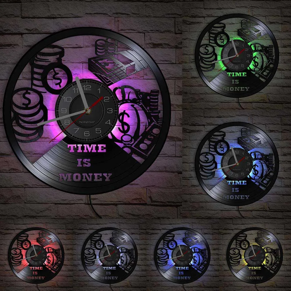 3D Виниловые настенные часы Time Is Money креативные в стиле ретро с лазерной