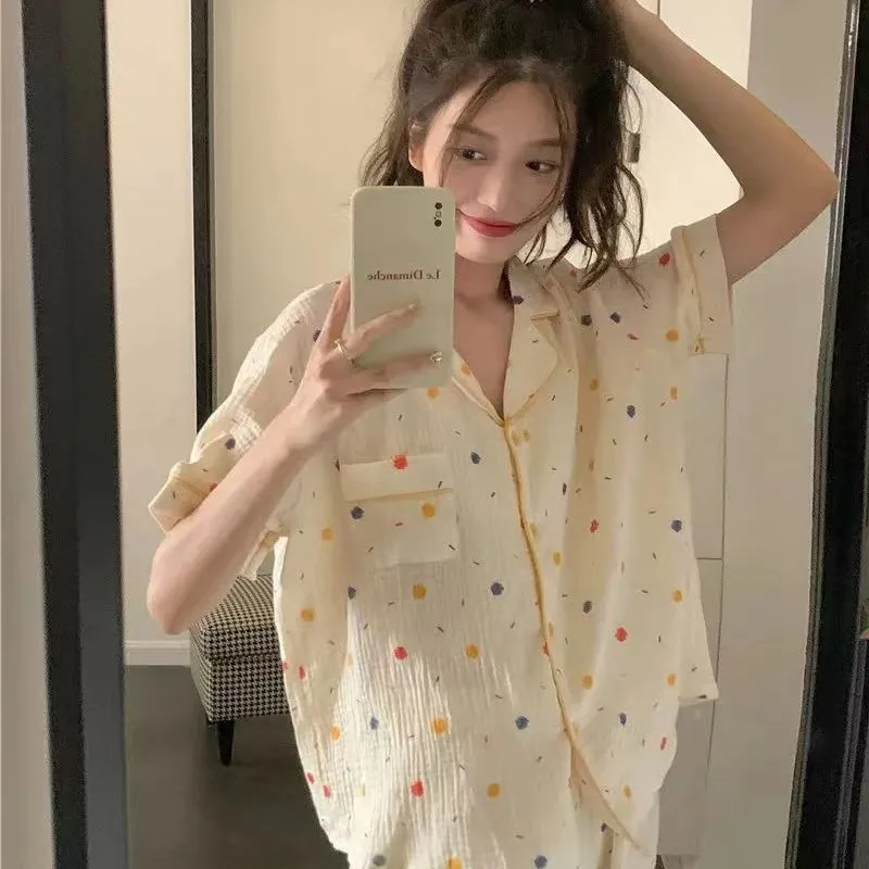 Young La's Summer Thin Pajama Dresses Set Loose Advanced Two Pieces Costume Girl Turn-Down Collar Lovely Half Sleeve Home Wear