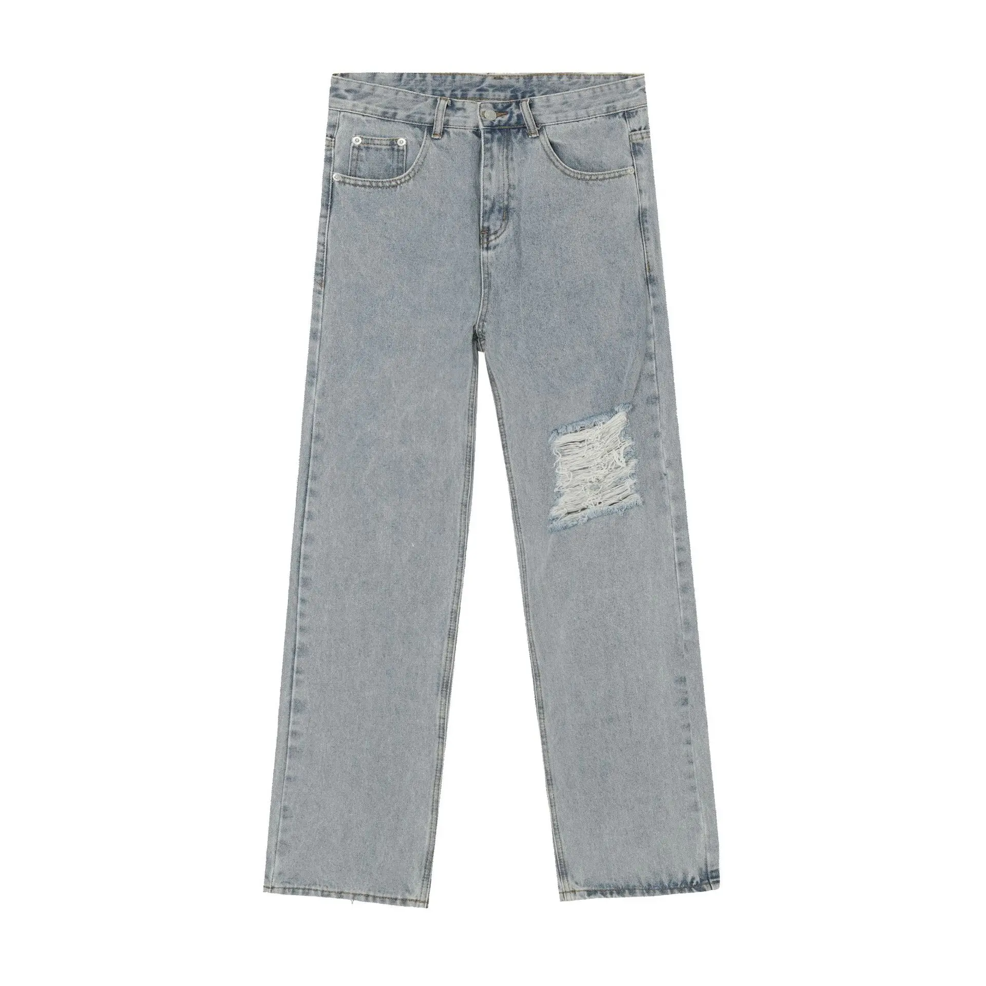 Washed and Old Ripped Solid Color Men's Jeans Y2k Pants Men's Trend Light-colored Loose Straight Mopping Trousers Men Clothing