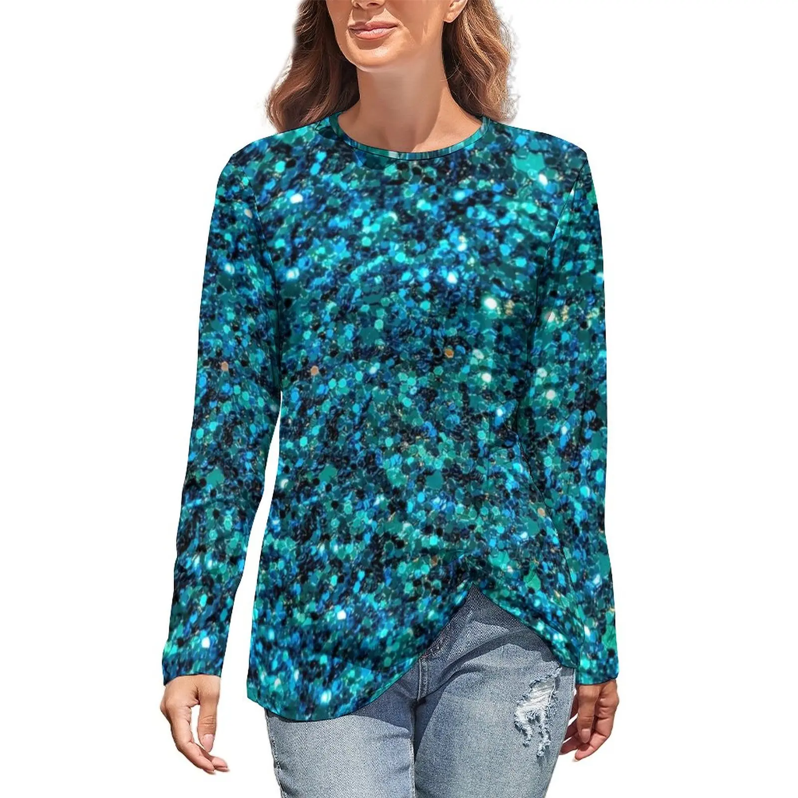 

Футболка с блестками в стиле ретро, Модный Топ с длинным рукавом и синим блестящим принтом, футболка оверсайз с графическим принтом, весна