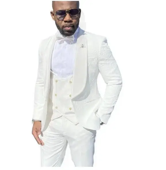 

Men's Suits White Jacquard Men Slim Fit 3 PieceWedding Custom Groom Outfit Formal Male Jacket Coat Vest Pant