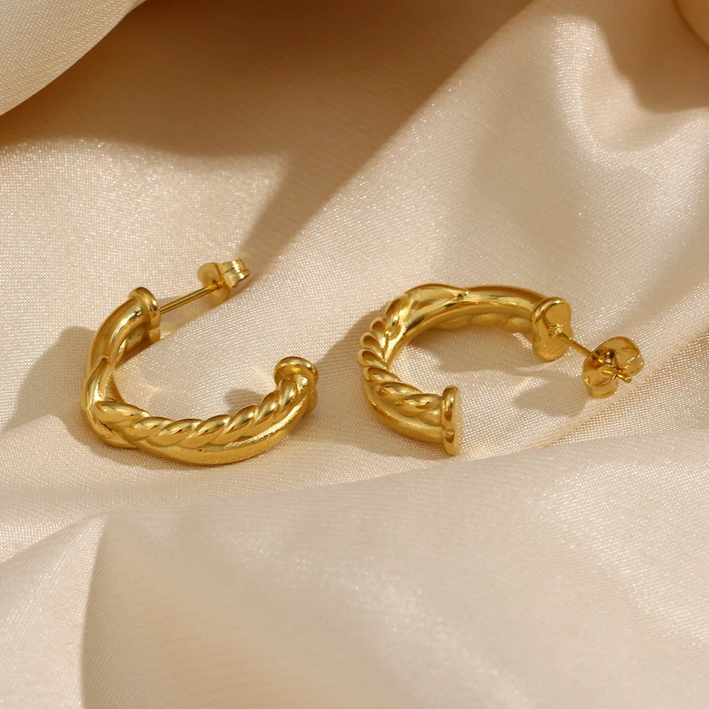 

G&D Fashion Light Luxury Temperament Popular Earring Jewelry Stainless Steel 18K Gold Plated Cross Hemp Rope C-shaped Earrings