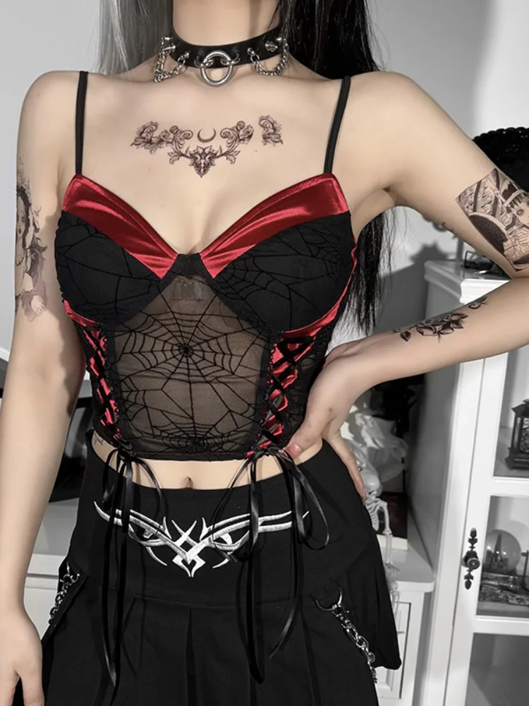 

Черный винтажный корсет в стиле Харадзюку с сеткой-пауком и шнуровкой, короткий топ Y2K с открытой спиной, летние майки