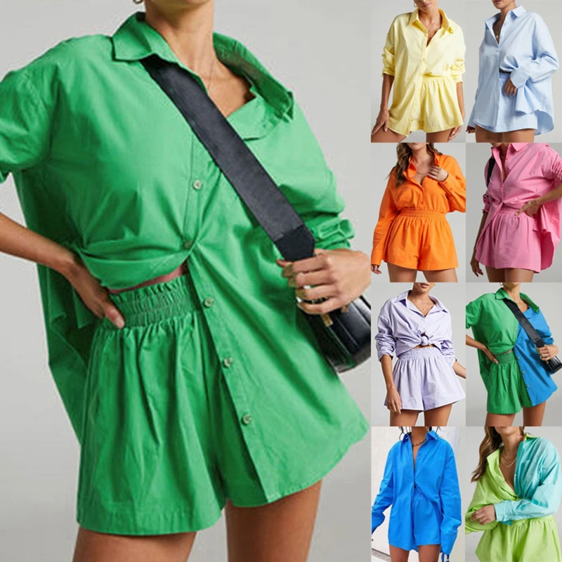 

Women Tracksuits Shirt With Mini Shorts Spring Summer Two Pieces Sets Fashion Clothing Outfits Women Blouses Fashion Tracksuits