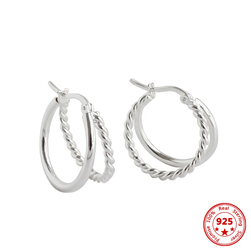 

Factory Price 100% S925 Sterling Silver Earrings Double Ring Opening Design Twisted Rope Shape Trendy All-around Attractive