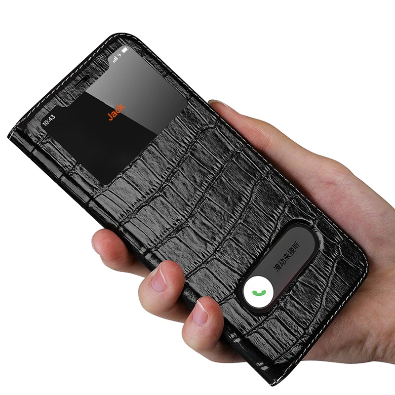 Alligator Textured Leather Business Double Window Phone Shockproof Case For Iphone 14 13 12 11 Pro Max Bracket Protective Cover