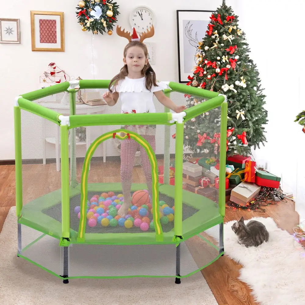 

55” Toddlers Trampoline with Safety Enclosure Net and Balls, Indoor Outdoor Mini Trampoline for Kids GREEN color