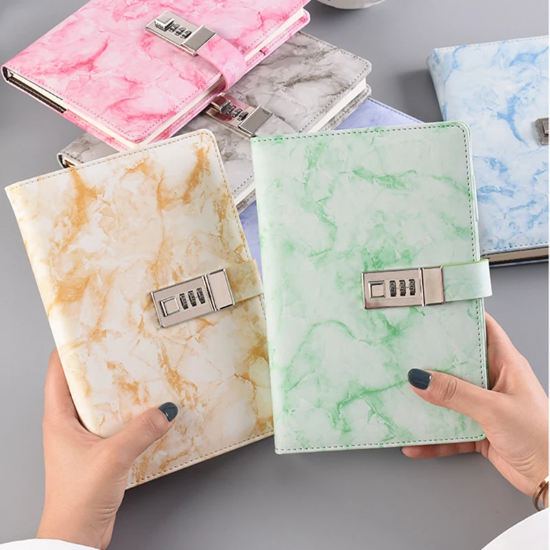 

Marbling Notebook With Code Lock 100 Sheets A5 Diary Student Planner Agenda Office Work Leather Business Notepad