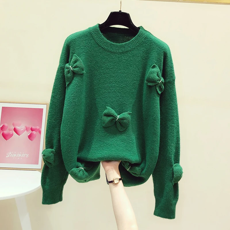 

2022 Autumn Winter New Korean Style Green Sweater Heavy Industry Beads Butterfly Long-Sleeved Sweaters Women's Loose Knitwear