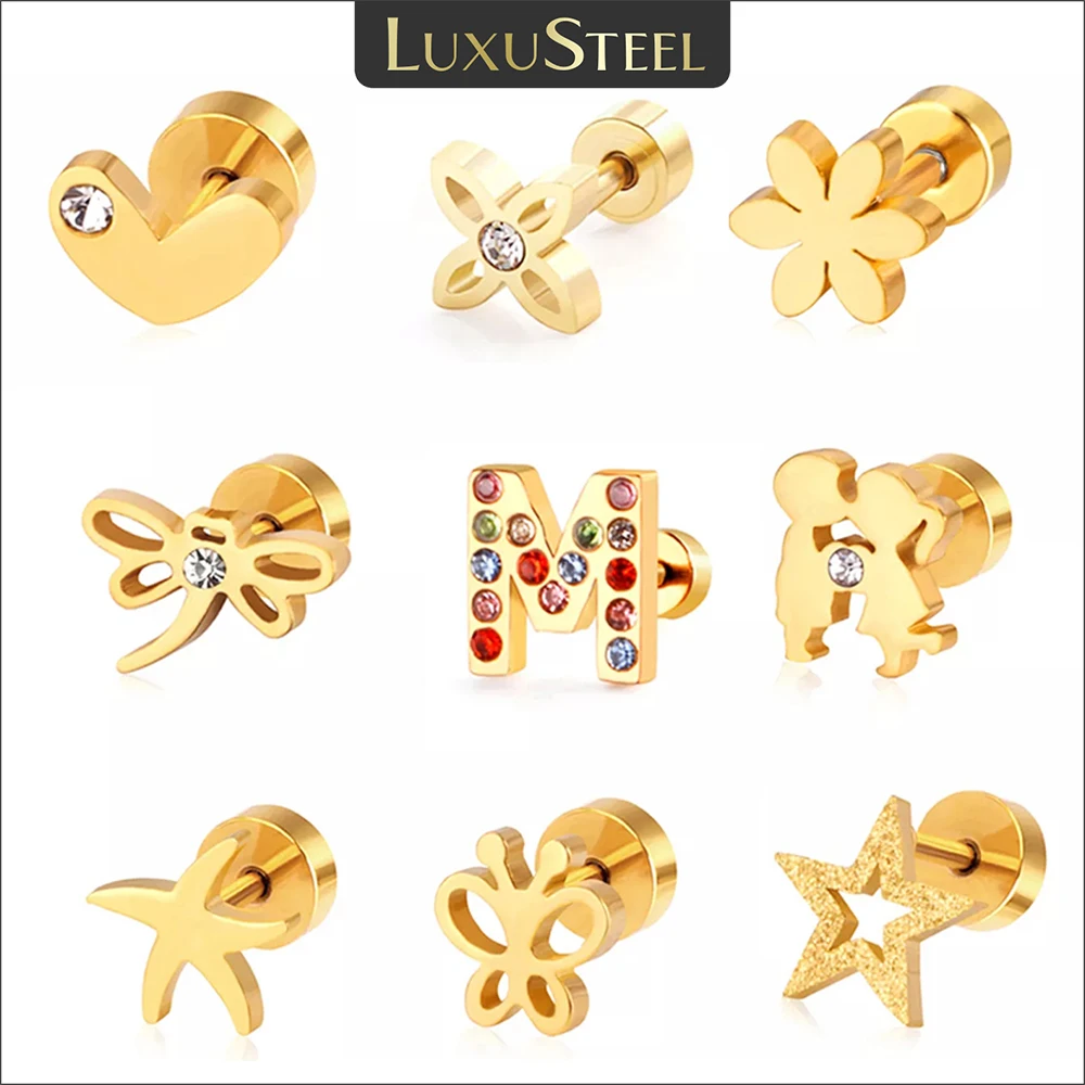 

LUXUSTEEL Stainless Steel Flower Heart Shape Earrings For Women Vitnage Chic Lady Girls Screw Stud Earrings Fashion Jewelry 2023