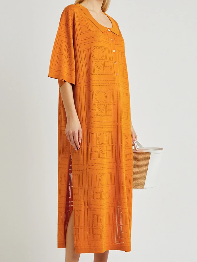 

Hollow Out Women Midi Dresses Summer 2022 Solid Lady Knited Turn Down Collar Short Sleeve Split Dress Casual Loose Long Vestidos
