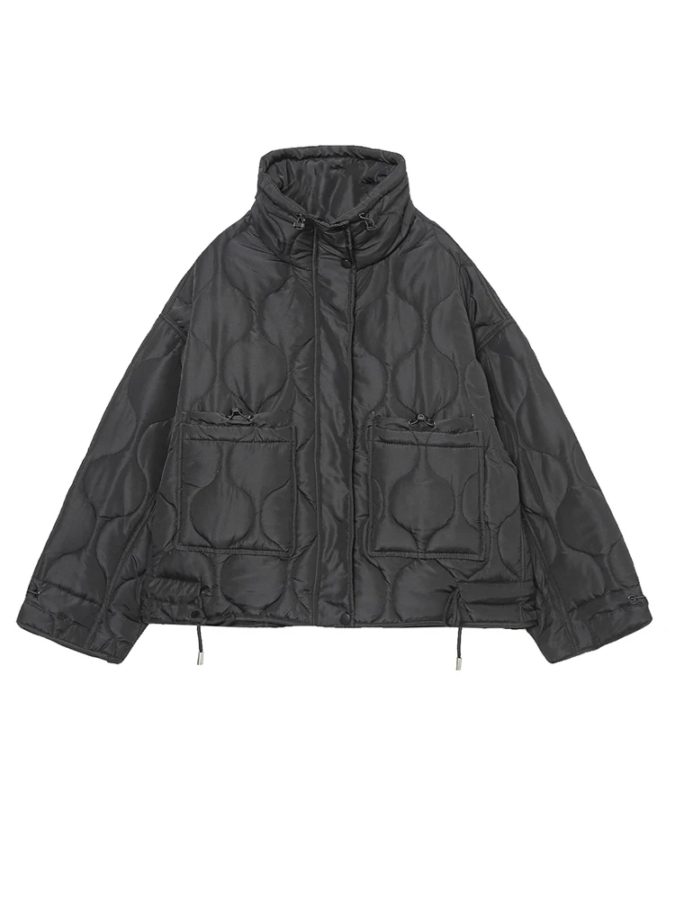 PAILETE Women 2023 fashion with drawstrings thick warm jacket coat vintage high collar long sleeve female outerwear chic tops