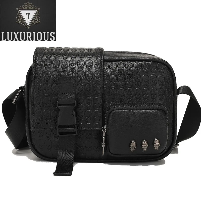 

Rock Style Men's s Square Satchels Fashion Men Shoulder Messenger Ghost Head Embossed Leather Crossbody Bag