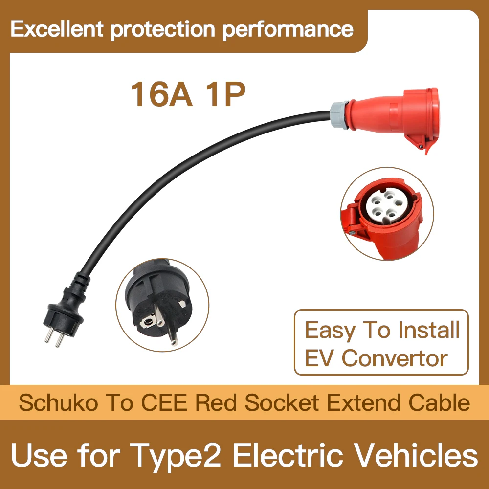 EV Convertor Schuko Plug to CEE Red Socket Extend Cable Use for Type 2 Electric Vehicles