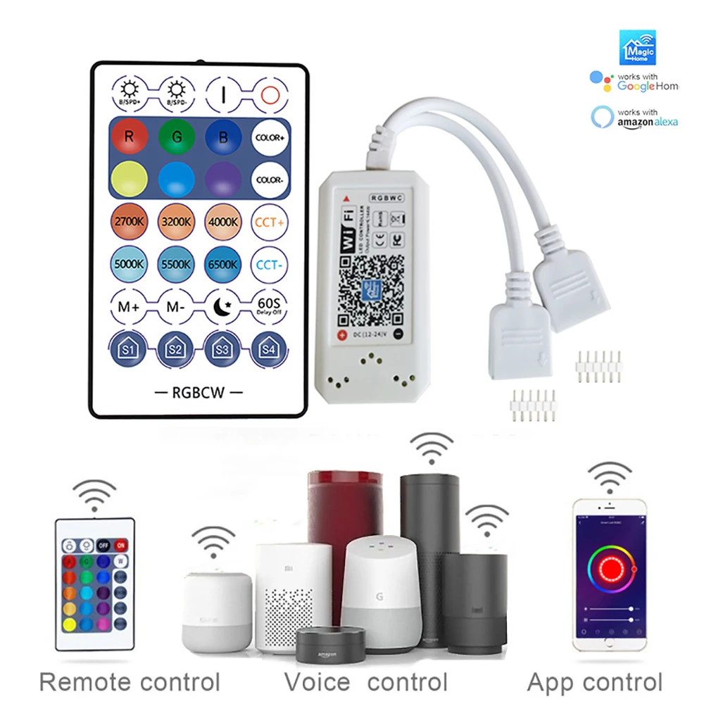 RGBCCT RGBWC WiFi APP Умный контроллер 12V-24V с 28-клавишным пультом RF и управлением через приложение для телефона для RGB+CCT LED ленты 5050.