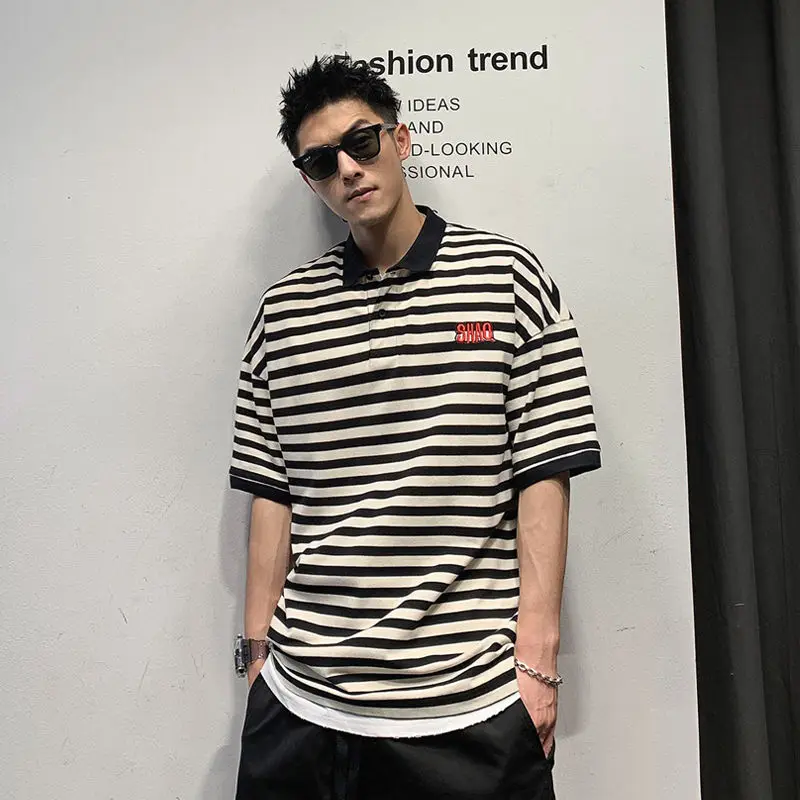 

2022 мужская полосатая рубашка-поло с коротким рукавом, Мужская японская трендовая Молодежная рубашка-поло, Мужской Топ