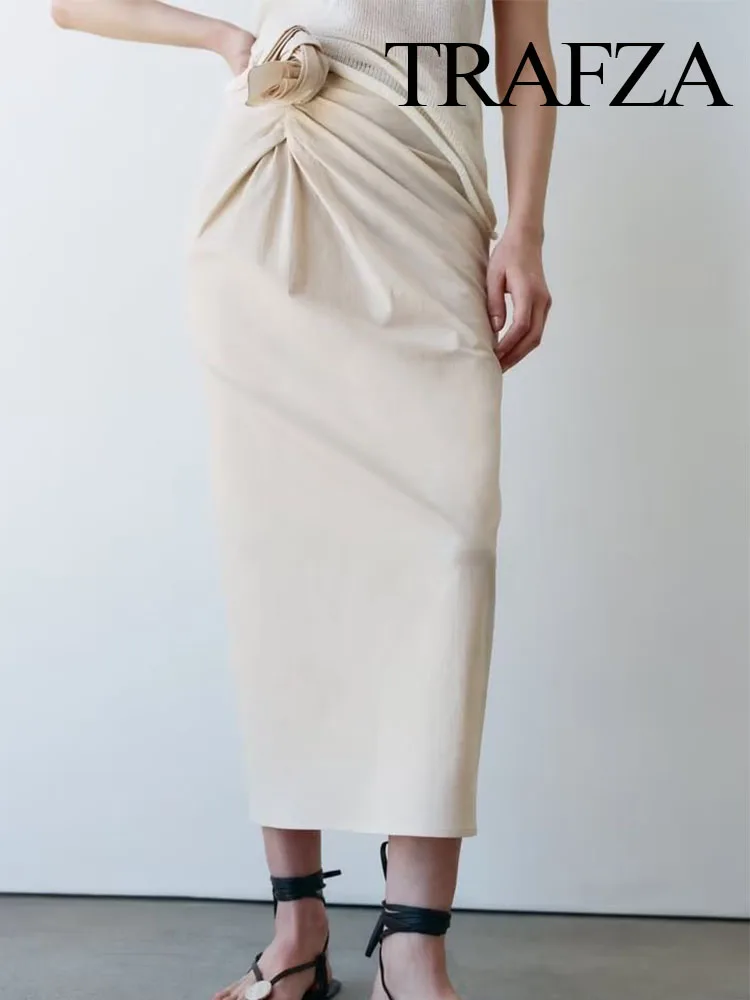 

TRAFZA Summer New Fashion Women Beige Side Bow Tie Asymmetric Elegant Skirt Woman Chic Flower Knot Shirring Hem Slit Slim Skirt