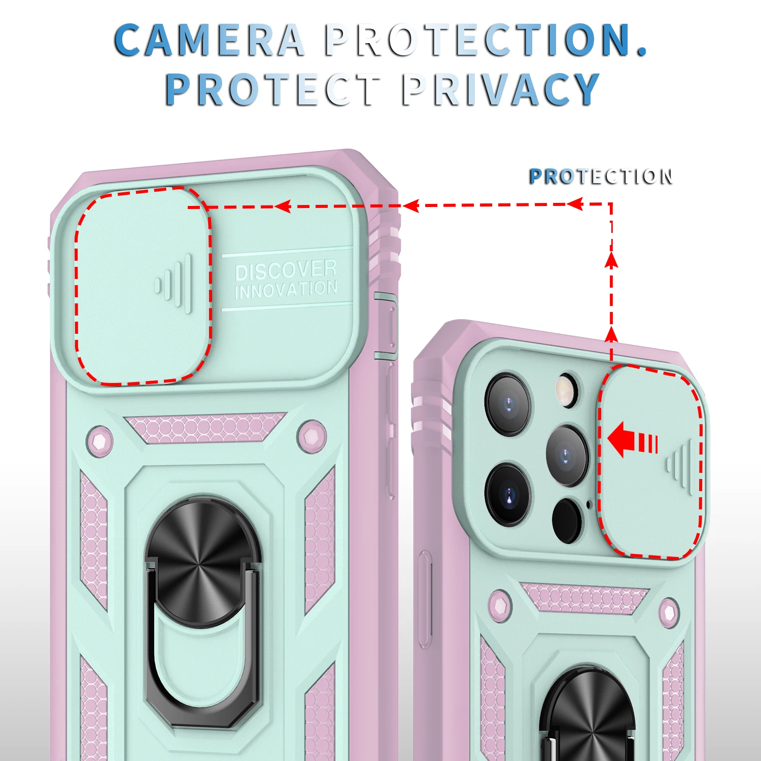 

For iPhone 11 12 13 Pro Max Military Grade 360 Full Body Coverage Ring Kickstand Camera Cover Slide Lens Case