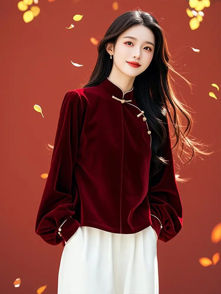 Women clothes Beautiful Shirt Shirts Top Counter Velvet New Chinese Sle Autumn and Winter 24 National Long ...