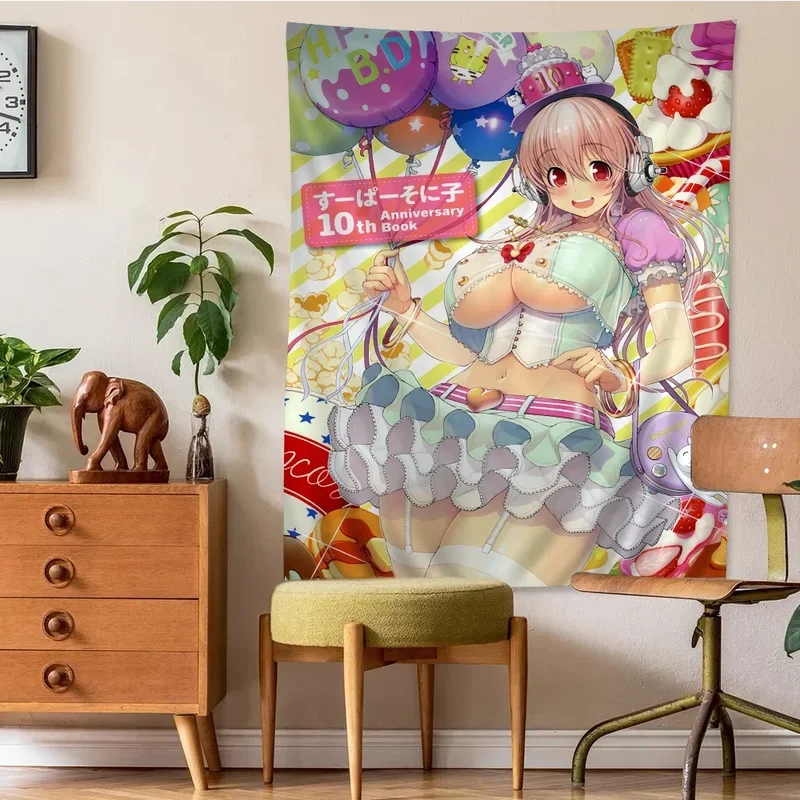 Фото Большой настенный гобелен с принтом Super Sonico Manga, подвесной настенный гобелен Таро, хиппи, настенные коврики для общежития, дешевый настенный гобелен в стиле хиппи @ 1!u №2