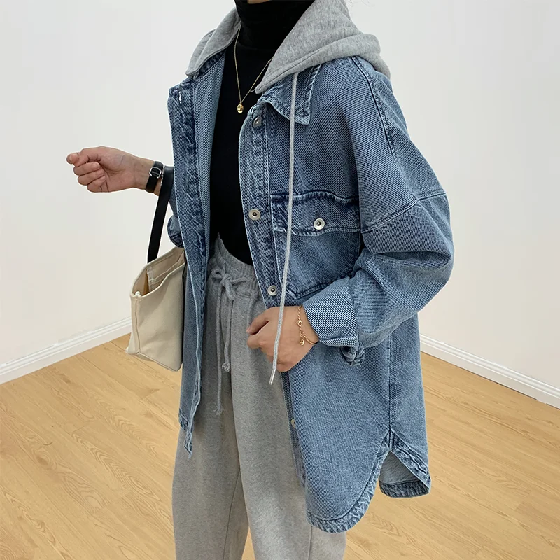 

SuperAen Harajuku Loose Jean Jacket for Women 2023 Autumn New Style Long Sleeve Vintage Style Hooded Jacket