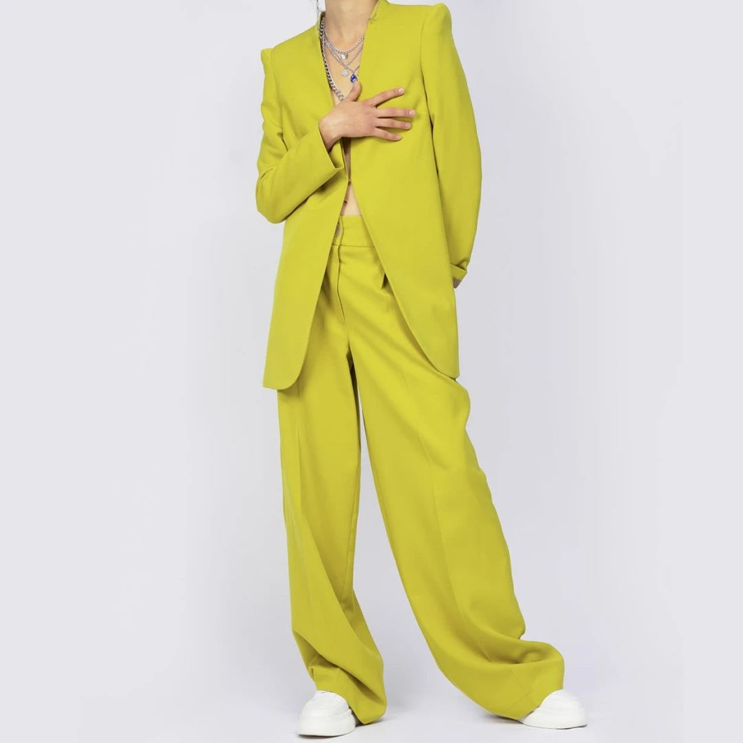 Women Suit Set 2-Piece With Sharped Shoulders Blazer And Pants Solid Wide Leg Trousers Lose Fitting Tuxedos Female Formal Outfit