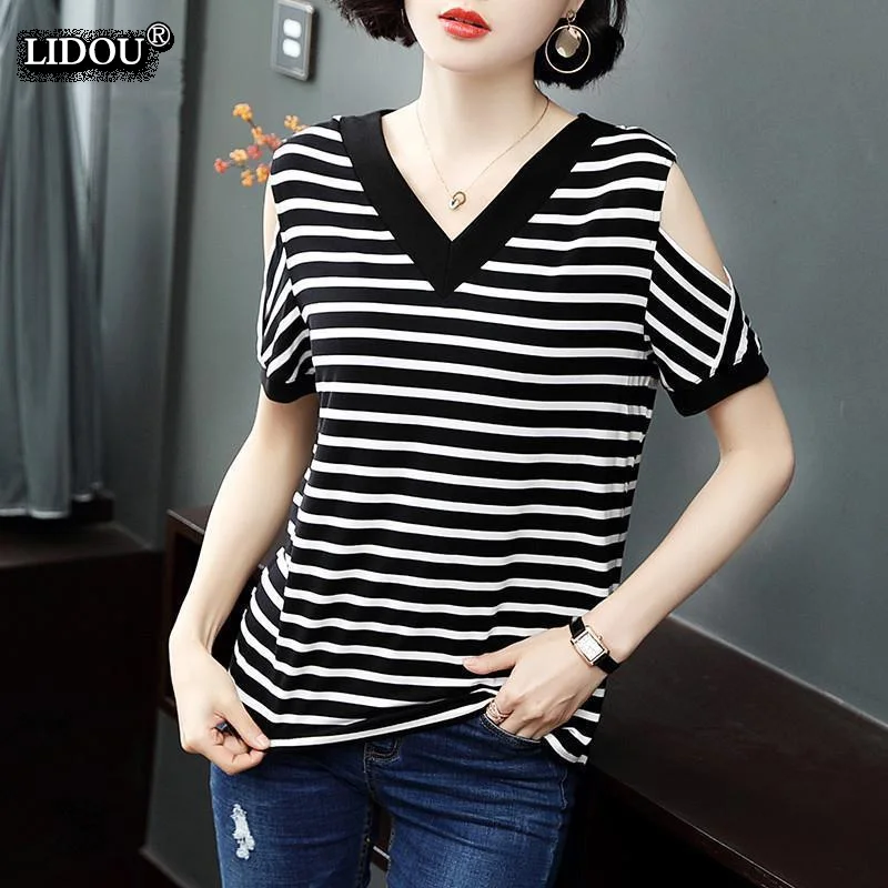 

V-Neck Fashion Off Shoulder Striped Tops Female 2022 Summer New Women's Clothing Korean Casual Short Sleeve All-match T-shirt
