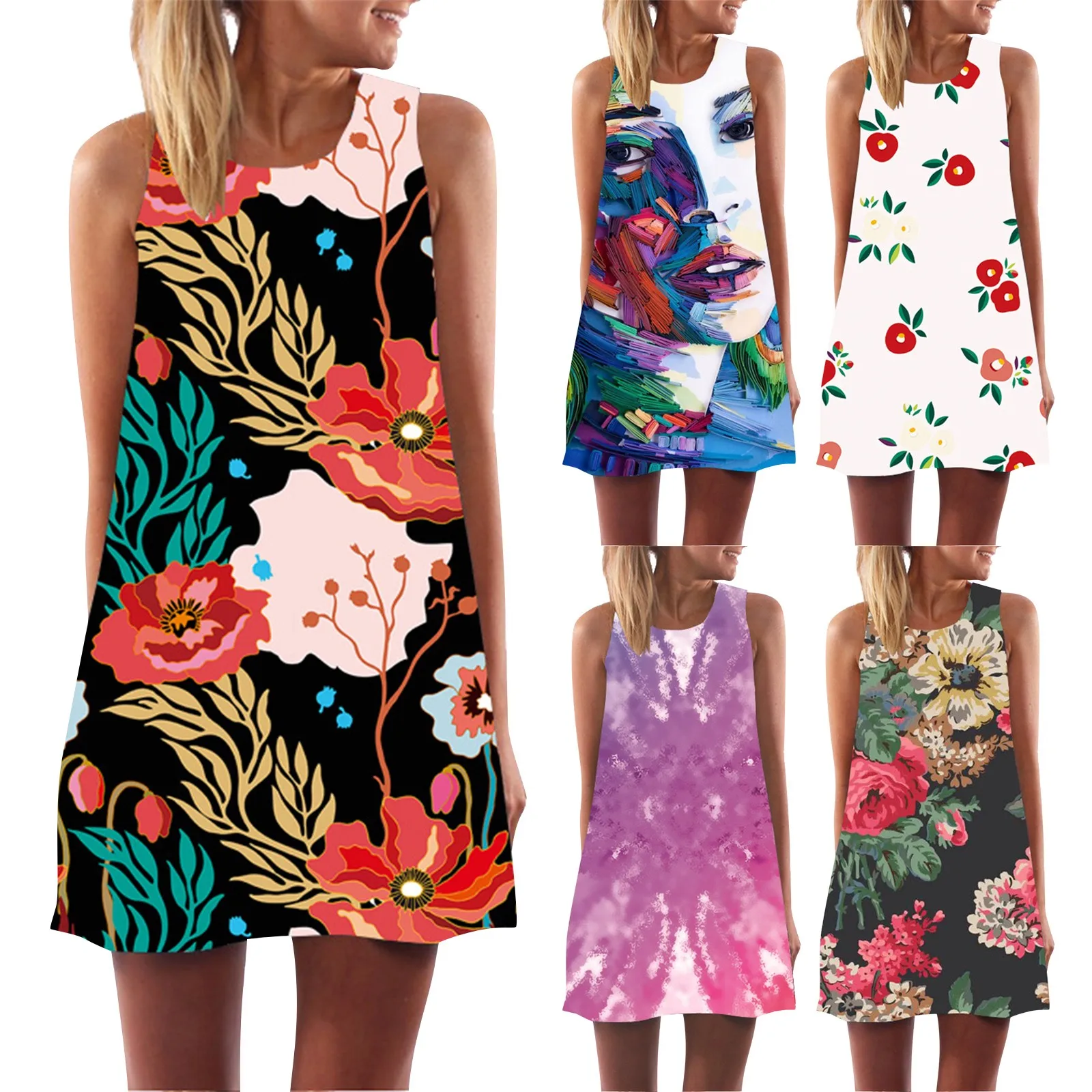 

Women's Sleeveless Dress Loose Casual Summer Neck Round Printed Fashion Women's Dress