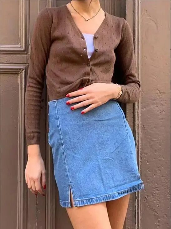 Винтажная мини-юбка в стиле Харадзюку однотонная джинсовая с высокой талией