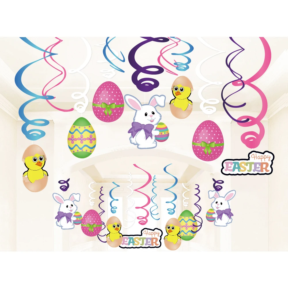 

30pcs Cartoon Animals Sheep Chick Rabbit Egg HAPPY EASTER Day Party PVC Ceiling Wall Hanging Swirls Spiral Backdrops Decorations