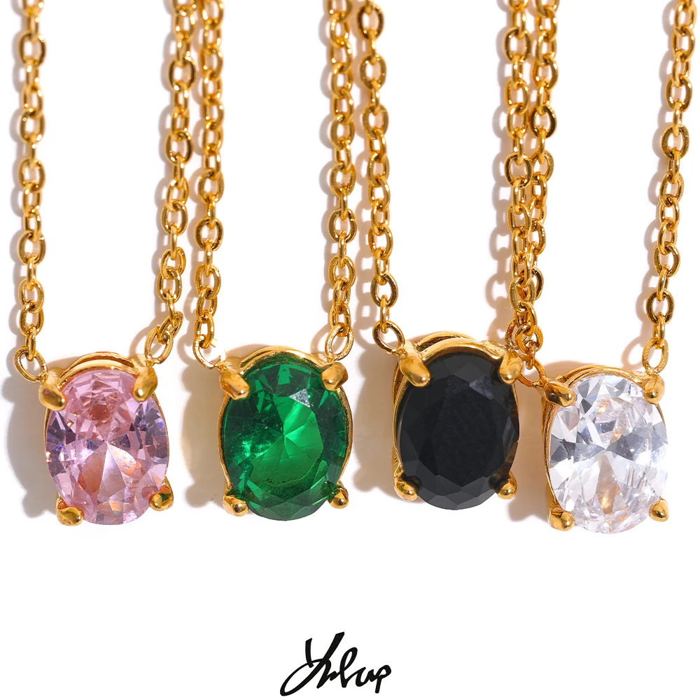 

Yhpup Luxury Green Pink Cubic Zirconia Stainless Steel Geometric Pendant Necklace Minimalist Bling Zircon Fashion Collar Jewelry