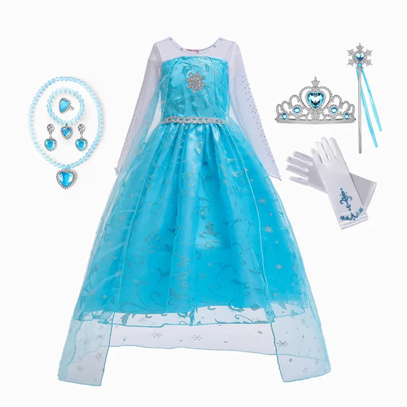 

Elsa Dress Kids Halloween Cosplay Costume Children Princess Dresses Crown Wand Gloves Carnival Birthday Elegant Party Clothes