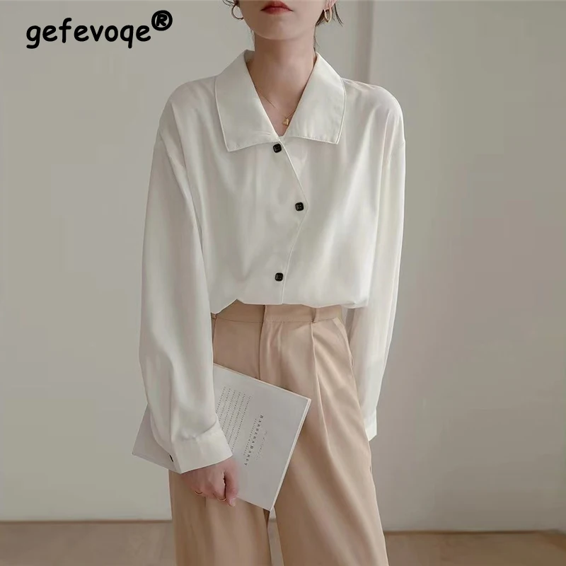 

Satin Luxury Design Elegant Asymmetrical Office Lady White Commute Shirts New Fashion Simple Long Sleeve Top Blouse Women Blusas